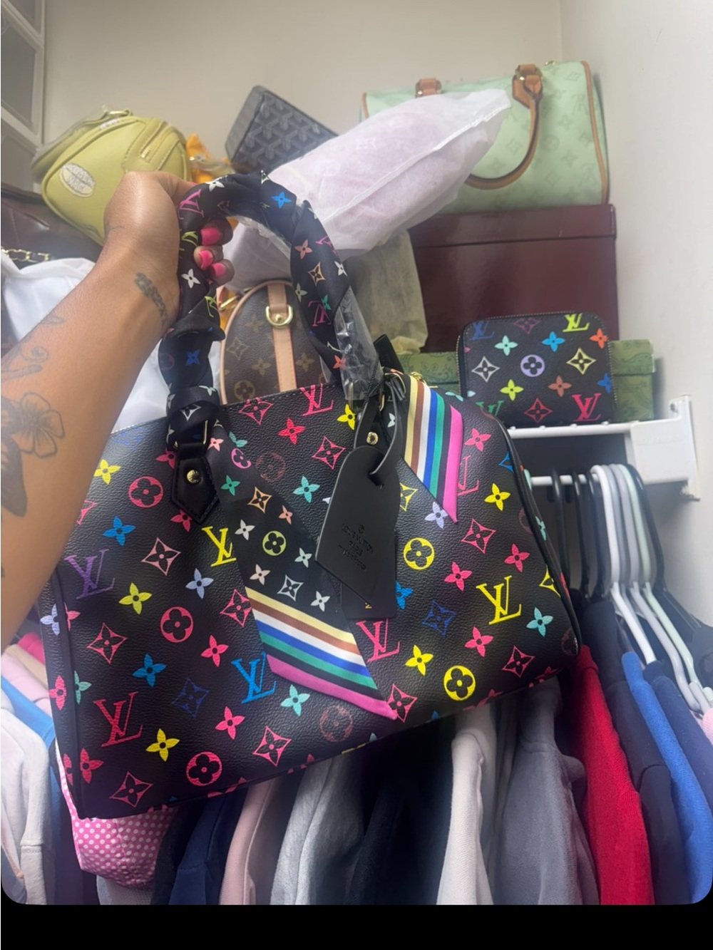 Black Multicolor Monogram Satchel with Rainbow Stripe & Wallet & Tooley